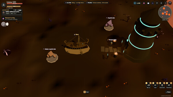 Greyward screenshot: the castaways' vessel and a rune tower